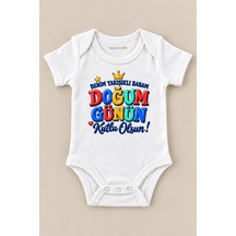 Babylimon Benim Yakışıklı Babam Doğum Günün Kutlu Olsun Beyaz Kısa Kollu Çıtçıtlı Bebek Zıbını Beyaz - 930083825 Beyaz