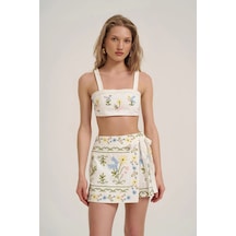 Ollacollection Nakış Detaylı Crop Bluz Ekru