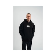 Erkek 3 İplik Pamuklu Kapüşonlu Patchli Nakışlı Hoodie Sweatshirt - Siyah