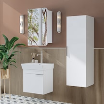 Likya Kapaklı Lavabolu 50 Cm Banyo Alt Dolabı + Üst Dolabı + Banyo Boy Dolabı Beyaz