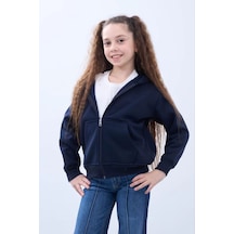 Kız Çocuk Kapüşonlu Kanguru Çepli Tam Fermuarlı Hırka Sweatshirt - Lacivert
