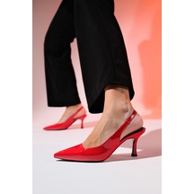 Luvishoes Flem Kırmızı Rugan Kadın Sivri Burun Arkası Açık İnce Topuklu Ayakkabı Kırmızı Rugan