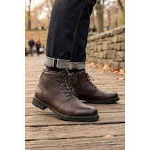 Store Kahve Hakiki Deri Kürklü Bağcıklı Fermuarlı Sıcak Tutan Kışlık Erkek Bot Kahverengi 18386 - 935285966 Kahverengi 18386