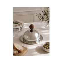 Ahşap Kulplu Paslanmaz Çelik Fanuslu Sunum Tabağı 15 Cm 13 Cm Kapaklı Kahvaltılık Peynir Tereyağı İkram Tabağı Gümüş - 917802994 Gümüş