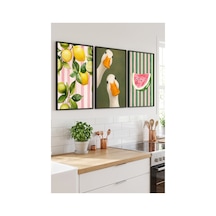 Siyah Ahşap Çerçeveli Yeşil Pembe Limon Temalı Duvar Tablosu 3 Lü Set Ördek Ve Meyve Desenli Modern Dekorasyon Kabartma Görünümlüdür Siyah