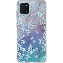 Samsung Galaxy A81 Uyumlu Kapak Floral Mavi Tasarımlı Şeffaf Silikon Kılıf