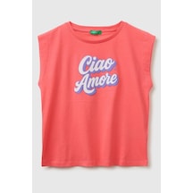 United Colors Of Benetton Kız Çocuk Kabarık Baskı Detaylı T-shirt Mercan 6-14 Yaş-2833