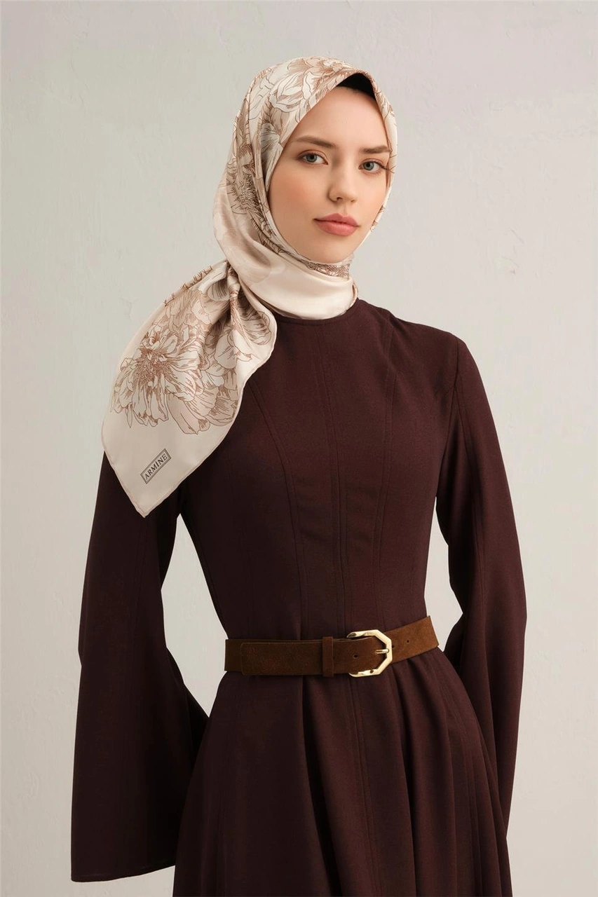 Armine Çiçek Desenli Saf İpek Sura Eşarp 9330d 80 BEj