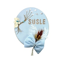Süslebabypartystore Kuru Çiçek Tanzimli, Ayıcıklı, Isimli Oval Kapı Süsü, Mavi