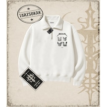 Tarzsokak Gotik & Grunge Streetwear Meowtallıca Yarım Fermuarlı Sweatshirt Beyaz