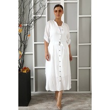 Büyük Beden Kadın Astarlı Müslin Kumaş Düğmeli Cepli Uzun Etek Beyaz