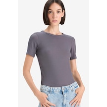 Defacto Slim Fit Dar Kesim Bisiklet Yaka Basic Düz Fitilli Kaşkorse Kısa Kollu Tişört C0097ax25augr448 Gri