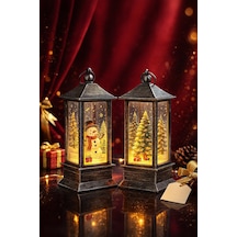 Yeni Yıl Noel Temalı 2 Li Set Işıklı Yılbaşı Feneri Kardan Adam Çam Ağacı Figürlü Fener Gri Set 14cm Renkli