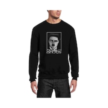 Charlie Chaplie Portre Baskılı Siyah Erkek Örme Sweatshirt