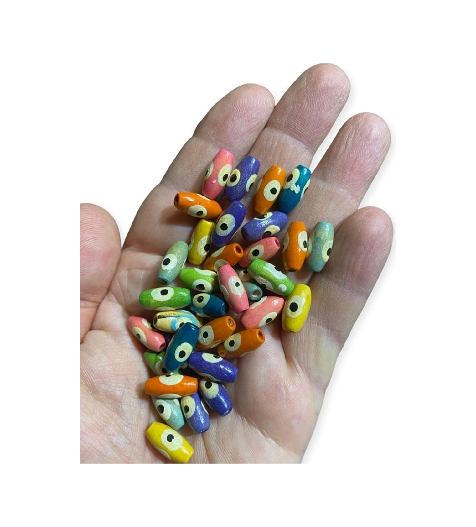 Özel Üretim 14 Mm Mini Oval Murano Gözlü Ahşap Boncuk - 60 Adet -