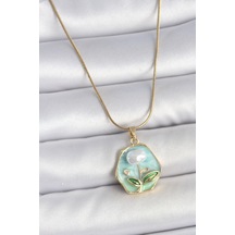 316l Çelik Gold Renk Zincir Mavi Çiçek İşlemeli İnci İşlemeli Portre Model Kadın Kolye - Tj-bko10126 Gümüş