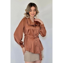 Kahverengi Yakası Fırfırlı Kuşaklı Saten Gömlek Kahve