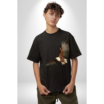 Kartal Özgürlük Pamuklu Bisiklet Yaka Unisex Oversize Boyfriend Dijital Baskılı Siyah T-shirt Siyah