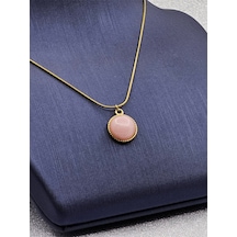 Pembe Taşlı Gold Kenarlı Çelik Kolye Altın