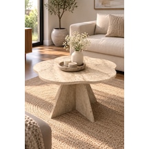 Sulorahome Çiçek Formlu Traverten Desenli Bej Orta Sehpa 70 Cm Akçaağaç