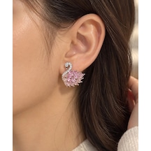 Kuğu Küpe Gümüş Renk Pembe Taşlı