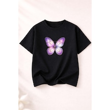 Herkesemoda Mor Kelebek Baskı Detaylı Kadın Bisiklet Yaka Pamuklu T-shirt Siyah