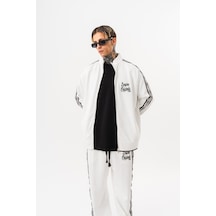 Respire Erkek Splash Şerit Detaylı Dik Yaka Doubleface Zip Oversize Sweatshirt Ekru