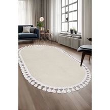 Avangard Oval Halı Sahra Krem Salon Koridor Antre Mutfak Halısı Silinebilir Saçaklı