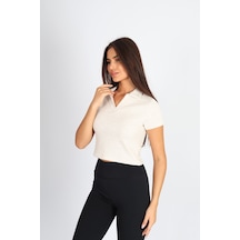 Soft&Basic Polo Yaka Jakar Crop Fit T-shirt Bej