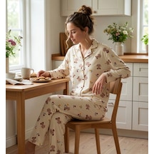 Pijamoni Kadın Premium Milan Kumaş Gömlek Yaka Uzun Kollu Pijama Takımı Ayı Desenli Açık Sarı