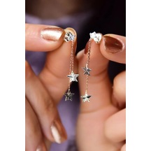 925 Ayar Gümüş Rose-rodyum Kaplama Kalemli Çift Zincir Yıldız Küpe