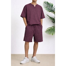 Tarz Cool Erkek Oversize Şort Takım V Yaka Yırtmaçlı Tişört Rahat Kesim Yazlık Takım Bordo