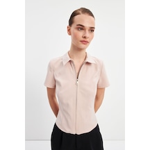 Stella Pulvis Pudra Fermuarlı Slim Fit Kuplu Bluz Pudra