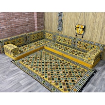 Coton Şark Köşesi Minder, Kilim Takımı Konsept Sarı 12 Parça