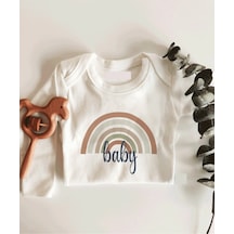 İmaj Tuğbababy Kahverengi Gökkuşağı Uzun Kol Çıtçıtlı Organik Bebek Body Beyaz