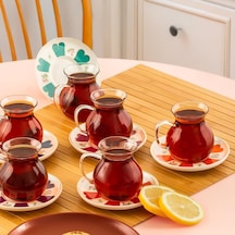 17901 Beyoğlu 12 Parça 6 Kişilik Çay Seti 210 Ml Borosilikat Cam Kulplu Tombik Bardak Ve Porselen Çay Tabağı Takımı Çok Renkli