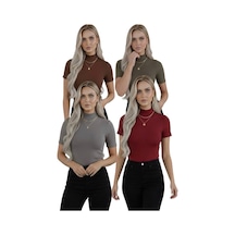Hashtag Kadın Balıkçı Yaka Yarım Kol Body 4'lü Set Viskon Kumaş Vişne Çürüğü, Haki Yeşili, Kahve, Gri