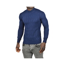 Deepsea Erkek Lacivert Dar Kesim Yarım Balıkçı Yaka Desenli Triko Yarım Boğazlı Kazak 2505505 Lacivert