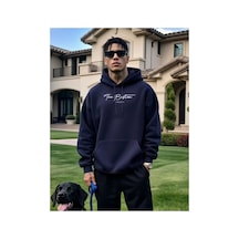 Caddekombin The Boston Est Baskılı Kapüşonlu Cepli İçi Yünlü Lacivert Sweatshirt Lacivert