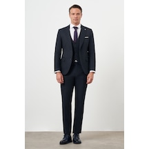 Morven Erkek Lacivert Poliviskon Basic Yelekli Jakar Desen Slim Fit Sivri Yaka Takım Elbise Lacivert