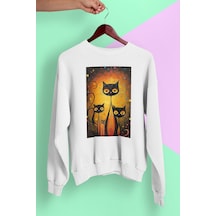 Magors Stıl-x Sevimli Kediler Baskılı Unısex Bisiklet Yaka Oversize Sweatshırt Beyaz-6