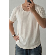 Cool Tarz Erkek Geniş Yaka Oval Etek %100 Pamuk Süprem Kumaş Kısa Kollu Basic Tişört Ekru Ekru