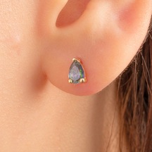 Altın Küpe - 14 Ayar Altın Damla Desenli Mistik Topaz Taşlı Küpe Sarı