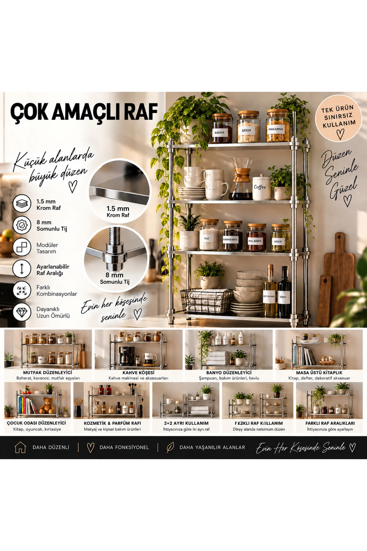Çok Fonksiyonlu Modüler Krom Metal Raf Ve Düzenleyici - 8 Raflı Set Gri