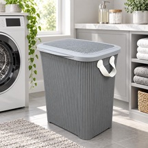 45 L Kapaklı Kirli Çamaşır Sepeti Modern Çizgili Tasarım Taşıma Kulplu Dayanıklı Plastik Banyo, Çamaşır Odası Ve Yatak Odası İçin 40 X 34 X 47 Cm Açık Gri Çok Renkli