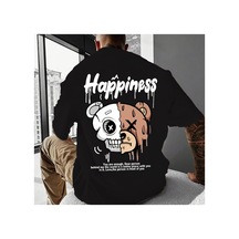 Caddemia Yaz  Moda Rahat Spor Gevşek Karikatür Ayı Desen Baskı Yuvarlak Boyun Kı Siyah 2XL