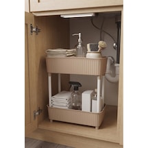 2 Katlı Plastik Düzenleyici Raf Cappuccino Mutfak Dolap İçi Raf Banyo Rafı Masa Altı Organizer Çok Amaçlı Saklama Düzenleyici 30x17,5x40,5 Cm Bej Bej