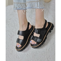 Asmi Shoes Kadın Çift Bantlı Kalın Taban Ortopedik Sandalet Siyah Siyah