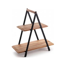2 Katlı Akasya Ahşap Sunum Standı - Silikon Kaplamalı Siyah Metal Gövdeli Meyvelik Kurabiyelik Kahve Köşesi Ve Mutfak Banyo Düzenleyici Organizer 16 X 26.5 X 34 Cm 6 Adet Siyah Toka