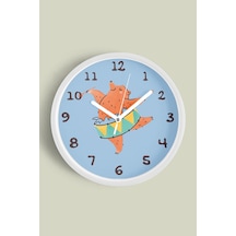 Davul Çalan Sevimli Ayı Çocuk Odası Duvar Saati - 30cm - Önü Camlı Beyaz Kasa - Sessiz Mekanizma Beyaz